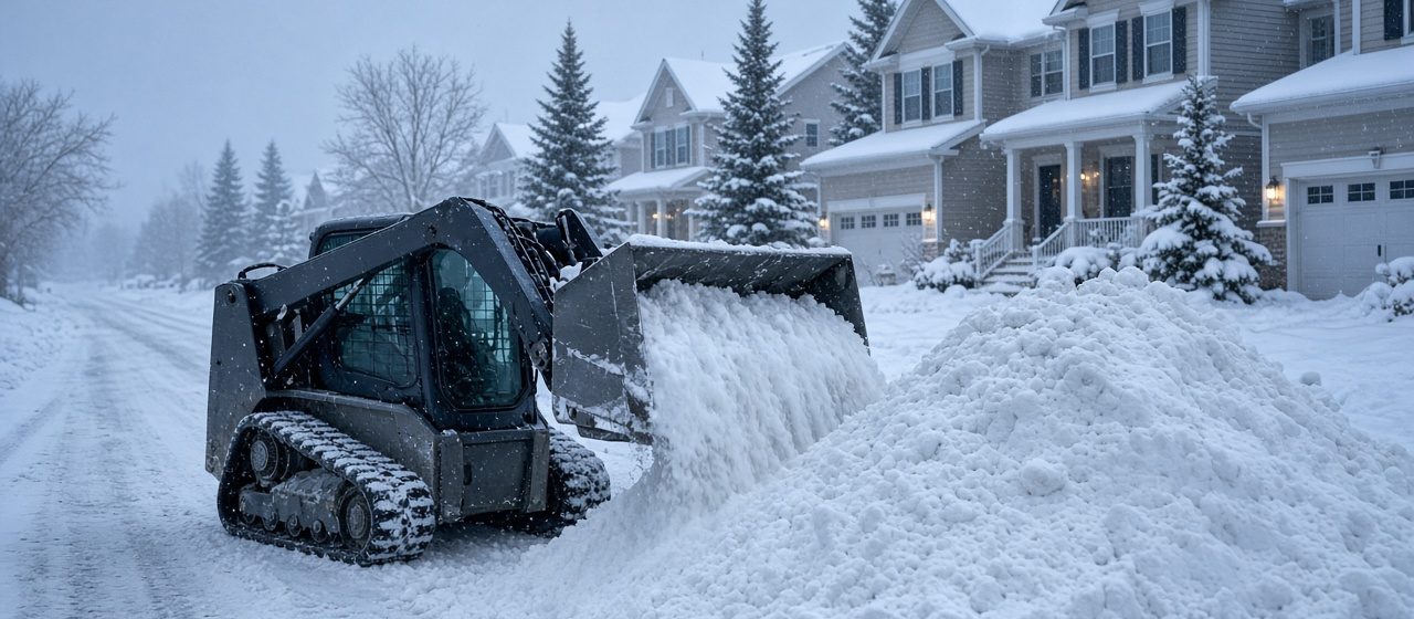 A tracked skid steer pushing snow into a tall pile beside a residential street lined with two-story houses and evergreen trees in falling snow, in Flagstaff, Arizona