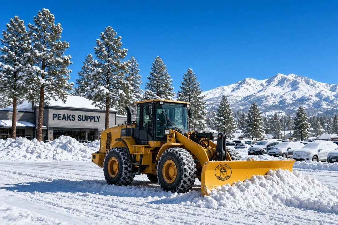 A yellow wheel loader with a DC Approved plow pushing snow across a store parking lot, with tall snow piles, snow-covered pine trees, rows of snowy parked cars, a snow-capped mountain and a clear blue sky behind it, in Flagstaff, Arizona
