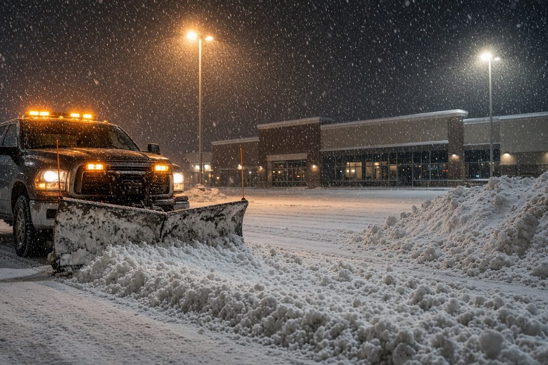 A dark pickup with amber lights and a front plow blade pushing snow across a parking lot at night, with tall pole lights, a storefront building and a snow pile behind it, in Flagstaff, Arizona