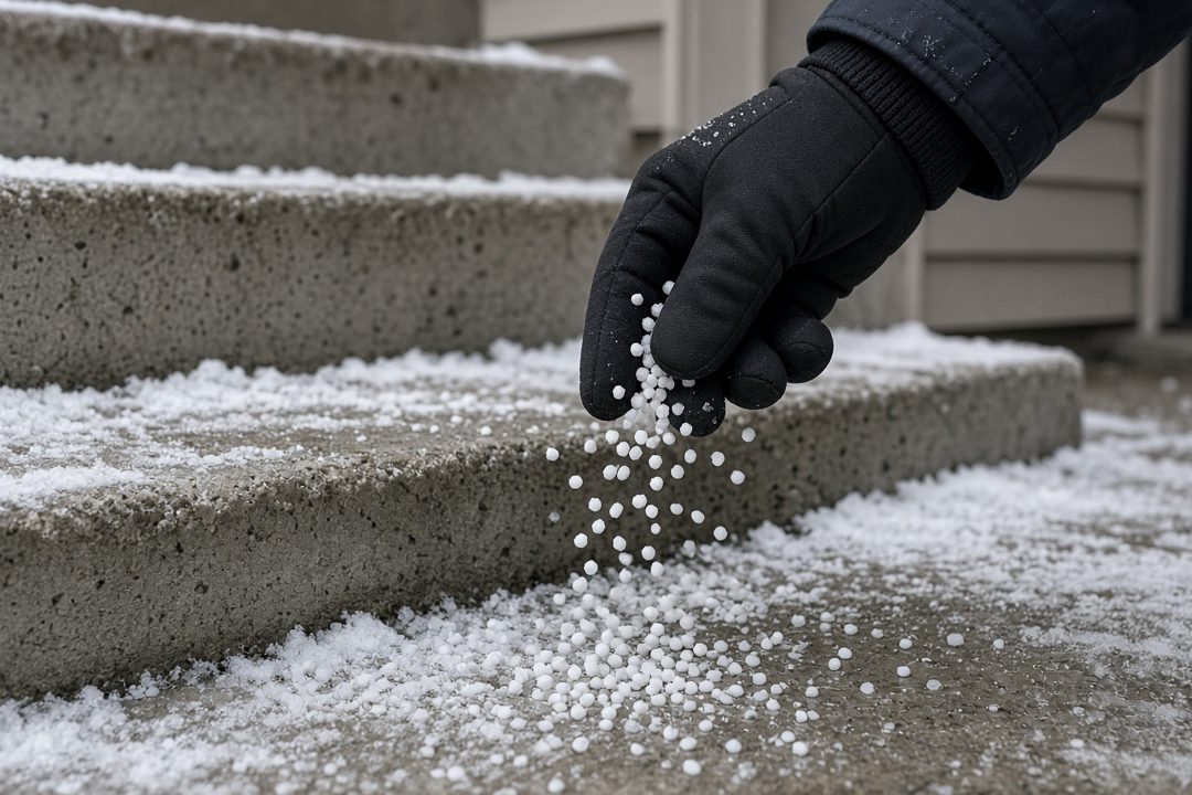 A gloved hand scattering white ice melt pellets onto snowy concrete steps, in Flagstaff, Arizona