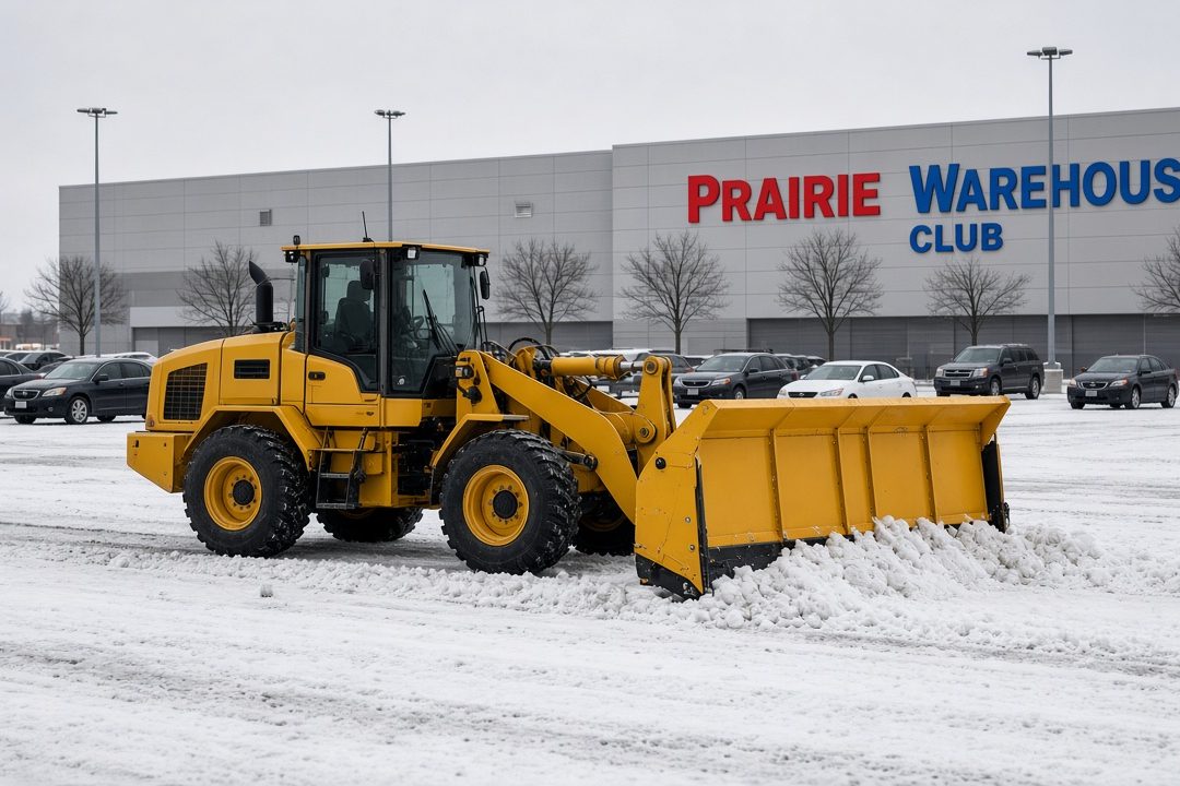 A yellow wheel loader with a yellow snow pusher clearing a big store parking lot, with parked cars and bare trees behind it, in Flagstaff, Arizona