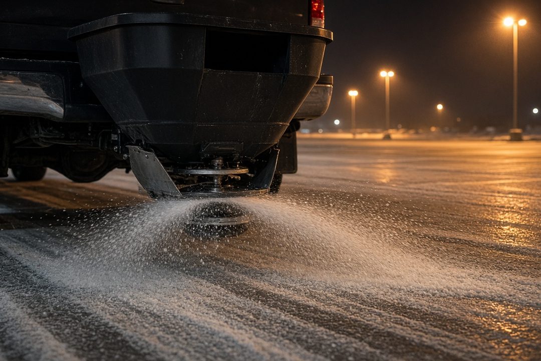 A black tailgate hopper on the back of a truck spreading salt across a parking lot at night, in Flagstaff, Arizona