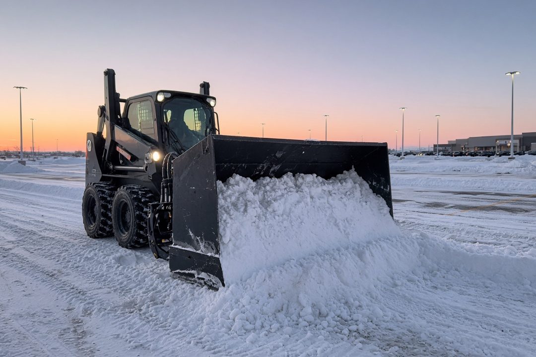 A black snow pusher box on a wheeled skid steer pushing snow across a big parking lot at dawn, in Flagstaff, Arizona